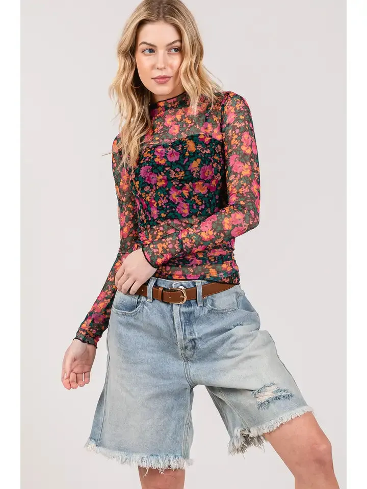 Floral Mesh Turtle Neck Top