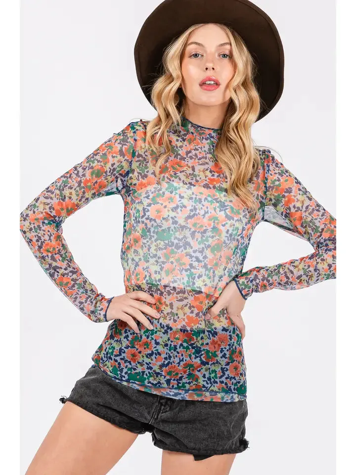 Floral Mesh Turtle Neck Top