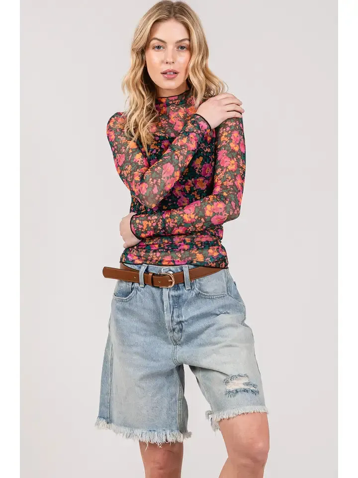 Floral Mesh Turtle Neck Top