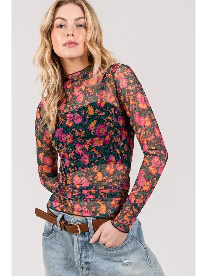 Floral Mesh Turtle Neck Top