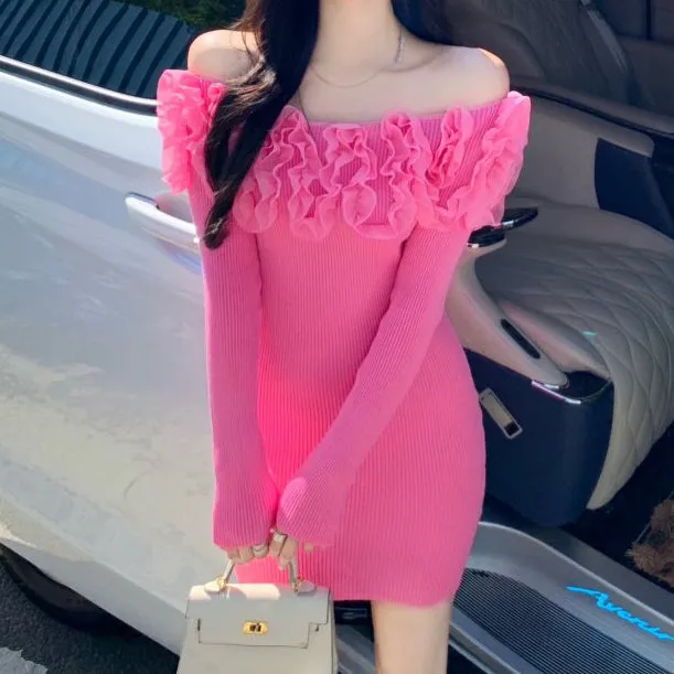 Floral Neck Off-Shoulder Slim Knit Dress