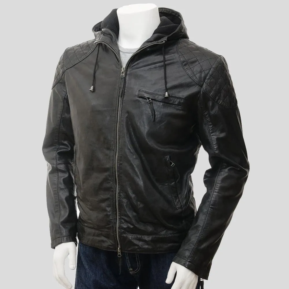 Franc Black Hooded Leather Jacket for Men