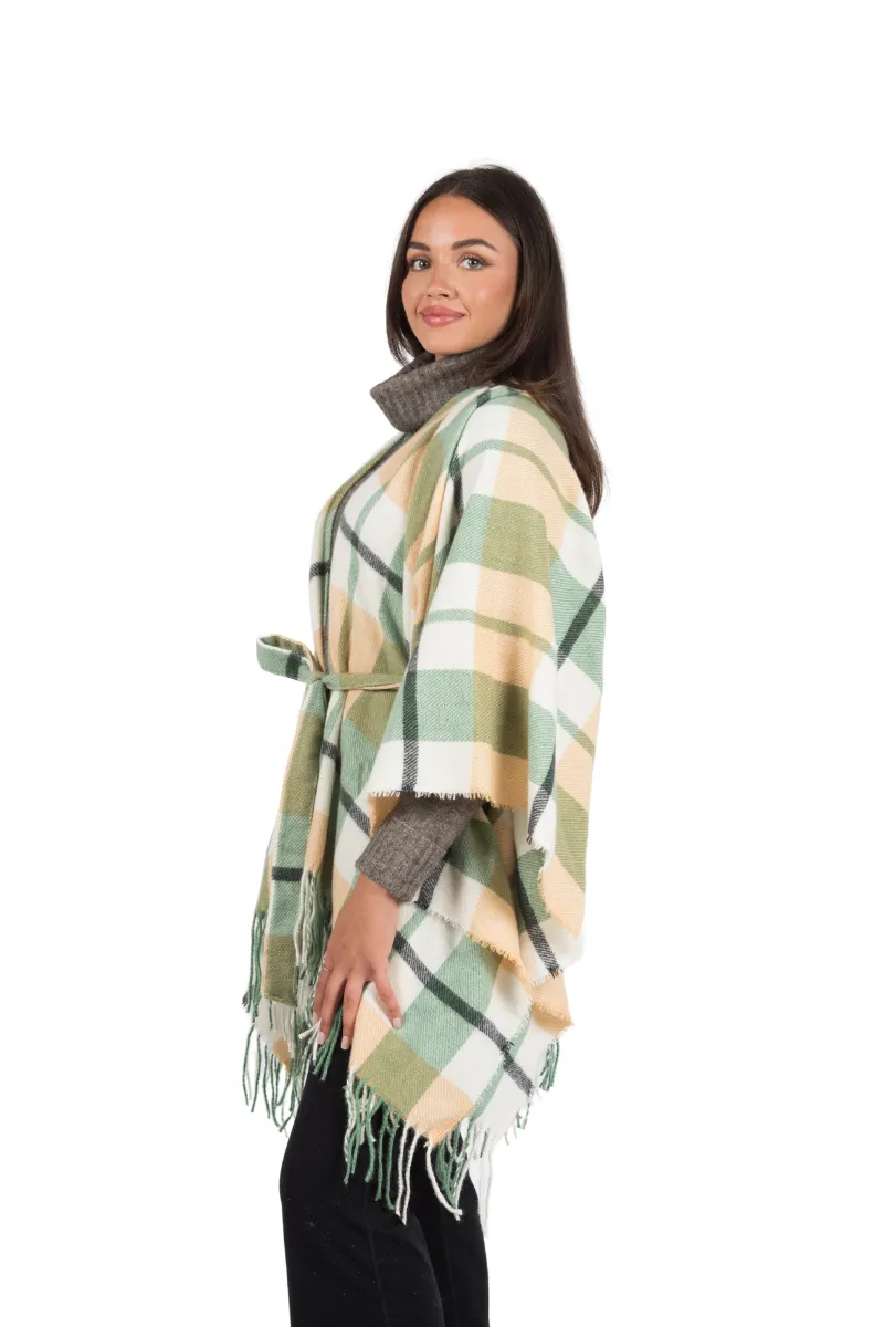 FSOR5344 - Green Plaid Ruana With Belt