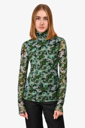 Ganni Black/Green Floral Mesh Turtleneck Size 36