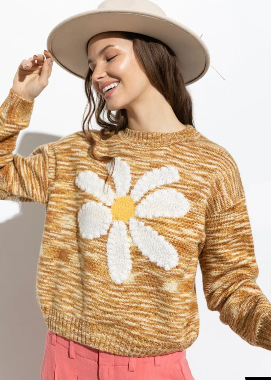 Gerbera, Women’s Knit Sweater, Camel Multi With White Flower