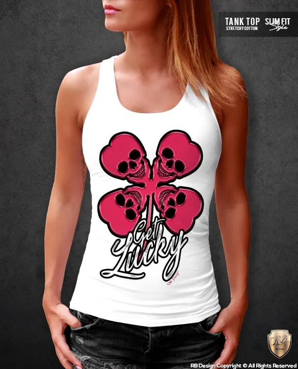 Get Lucky Womens T-shirt Designer Four leaf clover Skulls Top WD07