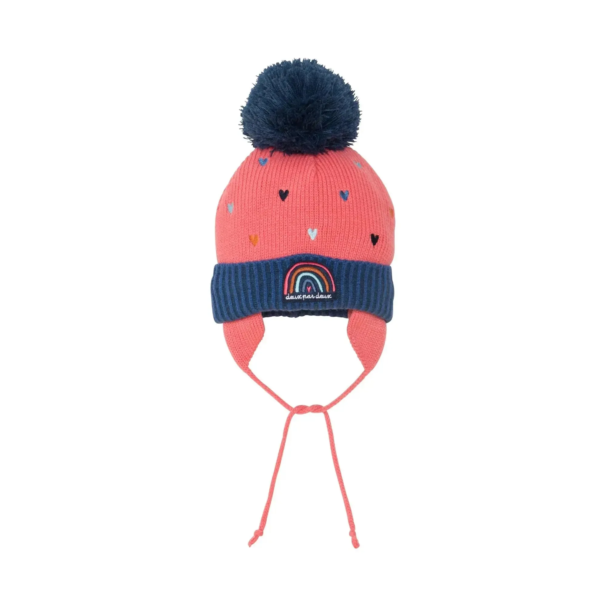 Girls' Earflap Knit Hat Coral And Blue Hearts - Tea Rose | DEUX PAR DEUX