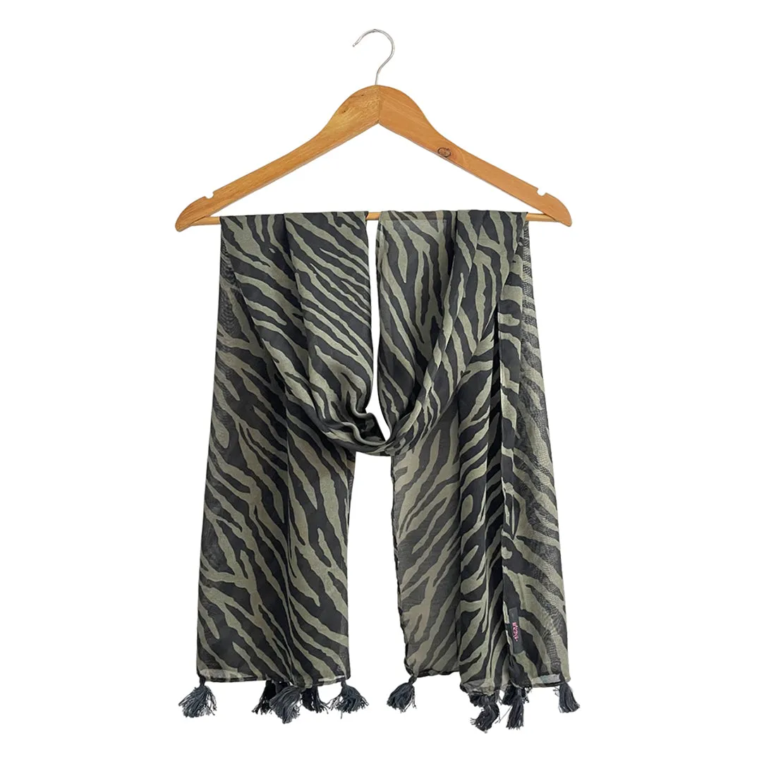 Green & Black Zebra Printed Polycotton Tassel Scarf