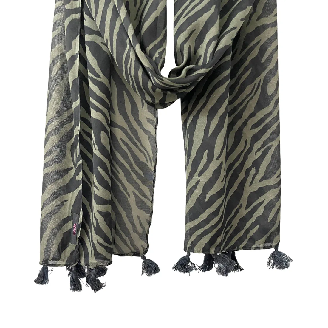 Green & Black Zebra Printed Polycotton Tassel Scarf