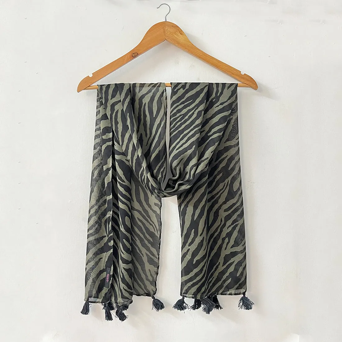 Green & Black Zebra Printed Polycotton Tassel Scarf