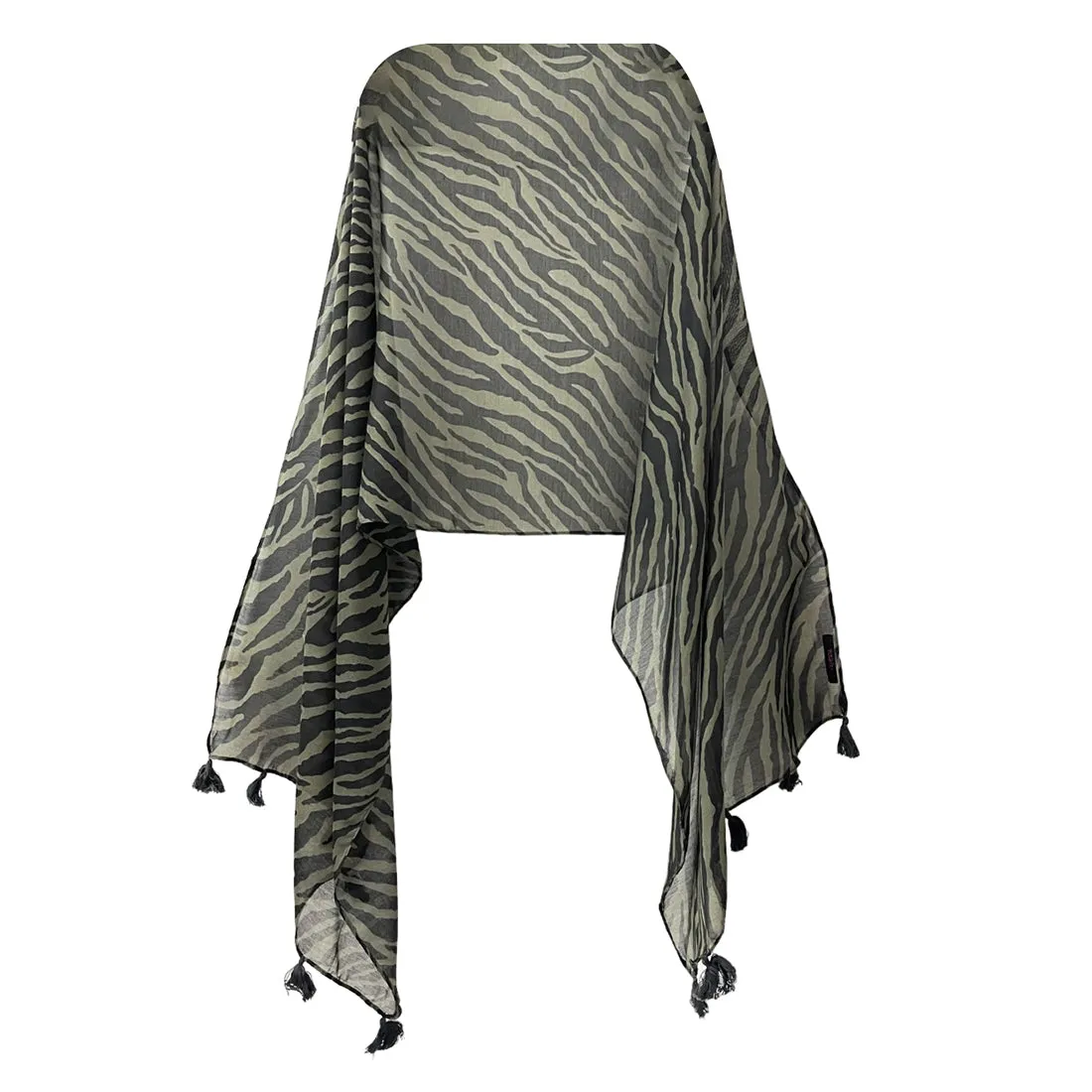 Green & Black Zebra Printed Polycotton Tassel Scarf