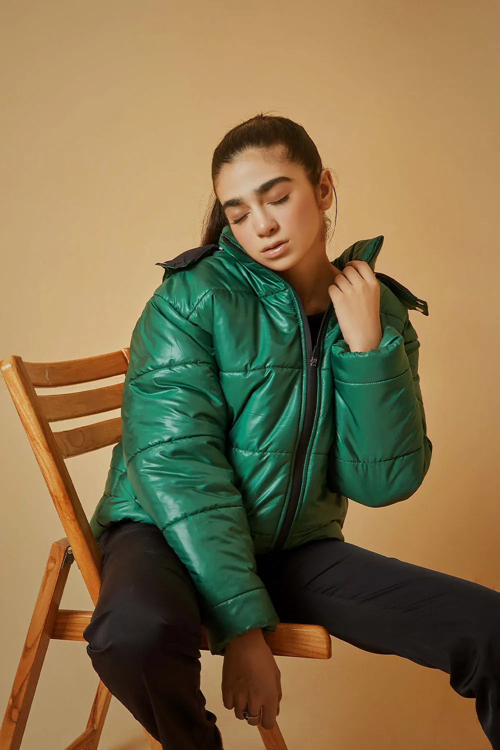 Green Puffer Jacket with Removable Hood - W