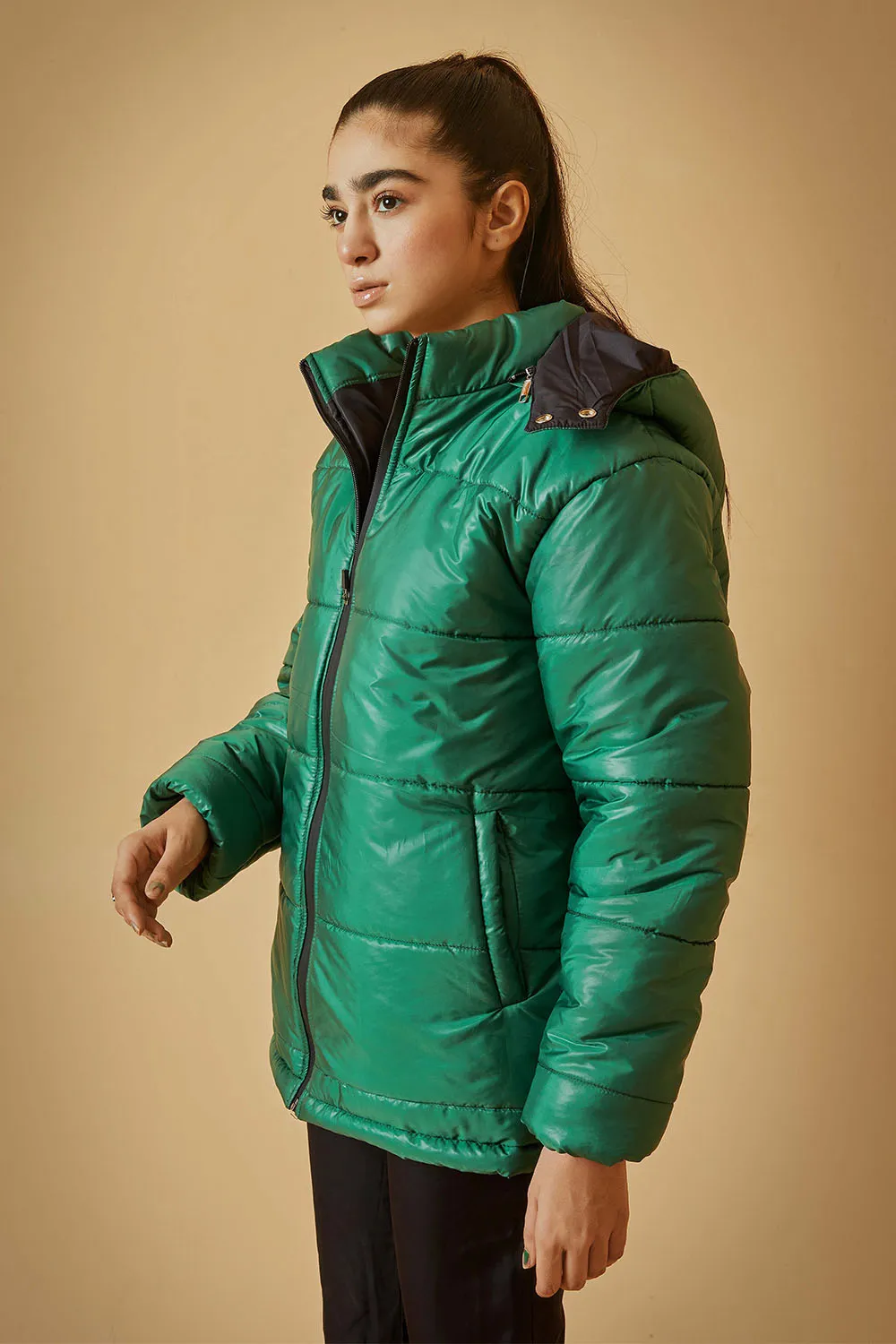 Green Puffer Jacket with Removable Hood - W