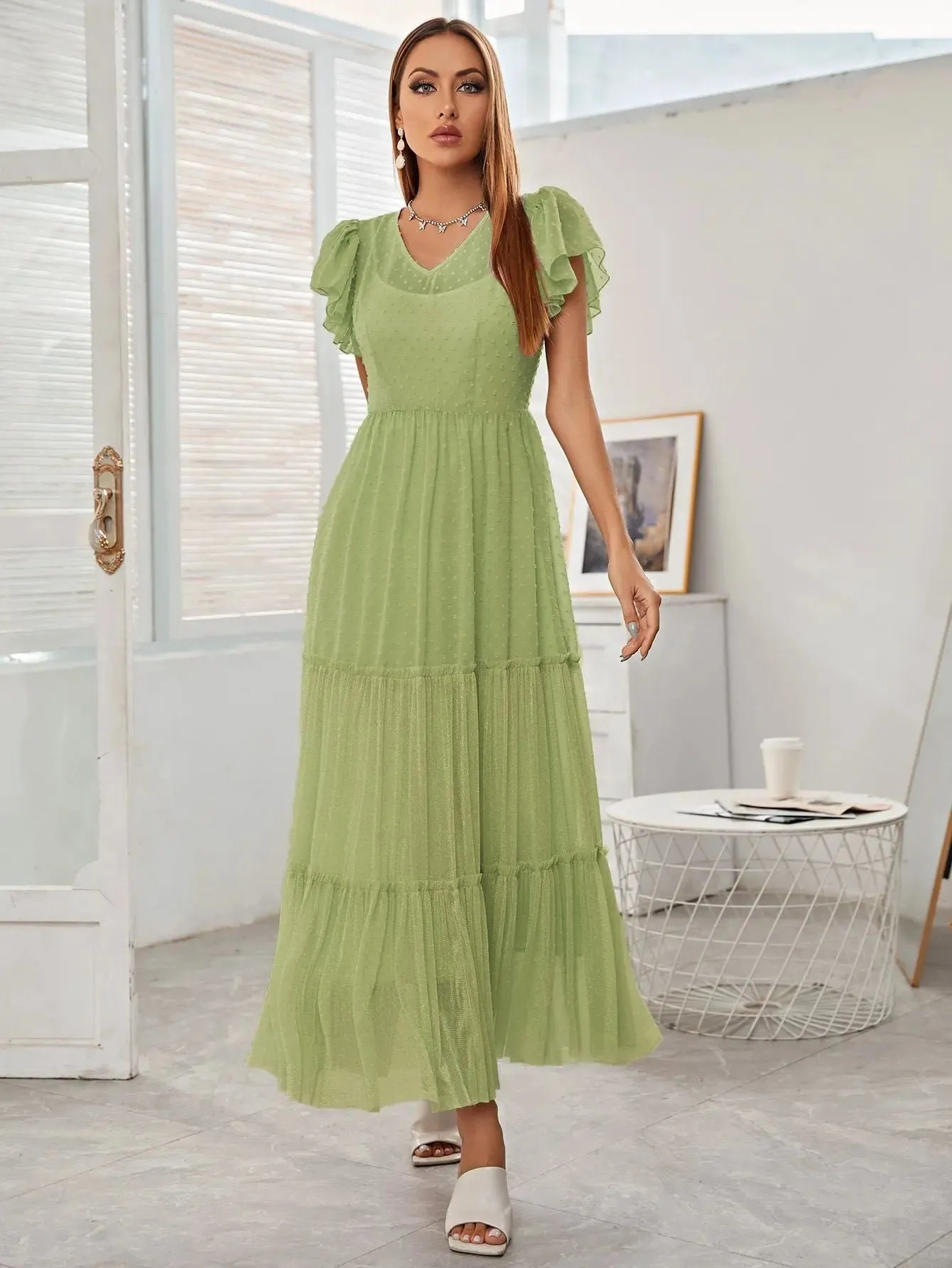 Green Ruffled Lace Dress