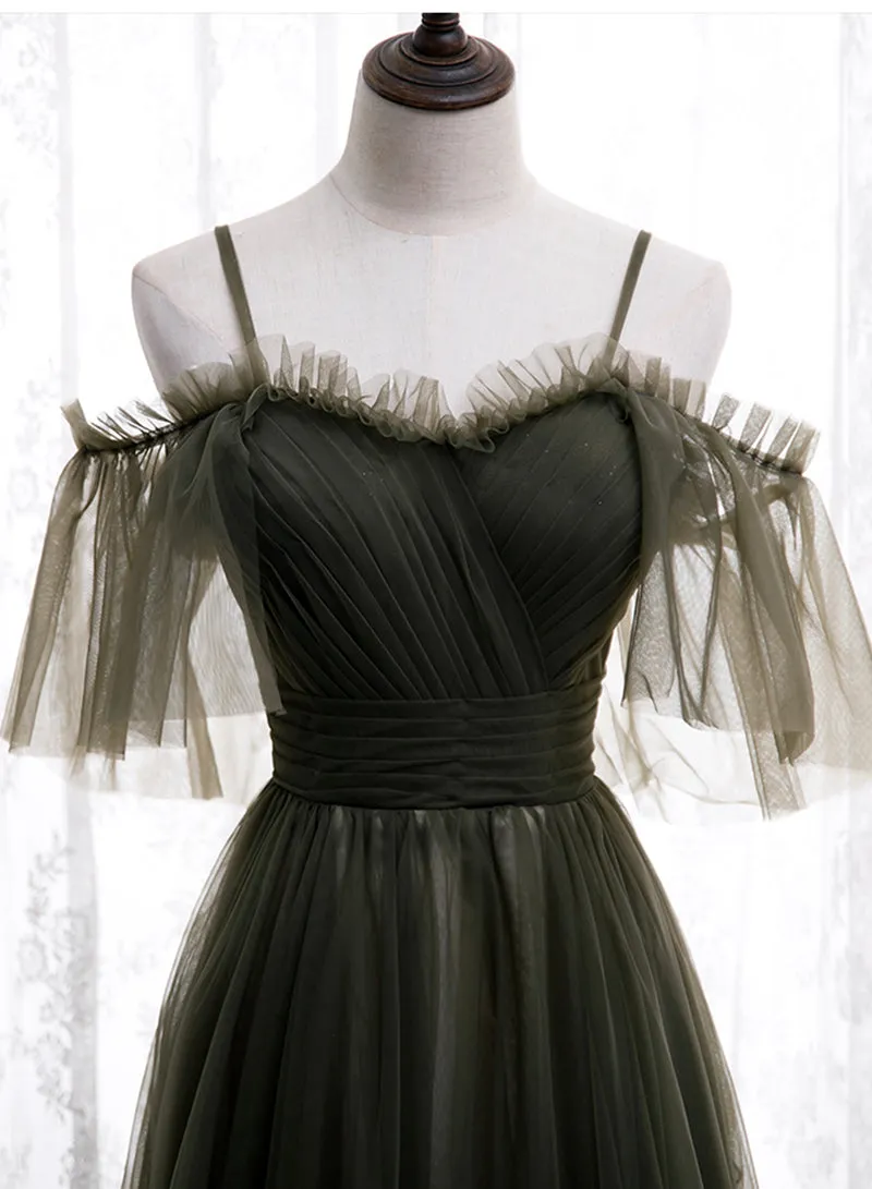 Green Tulle Long Prom Dress, A-Line Spaghetti Strap Evening Dress