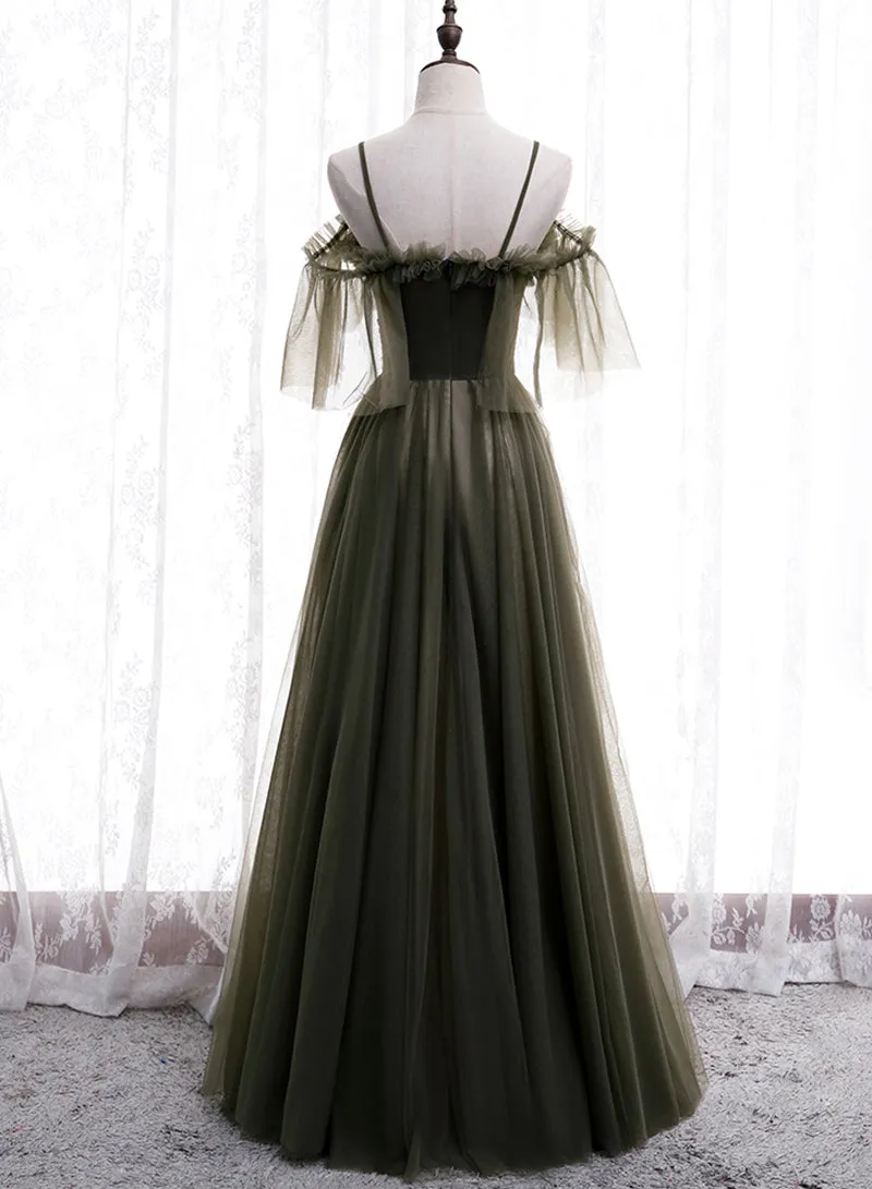 Green Tulle Long Prom Dress, A-Line Spaghetti Strap Evening Dress