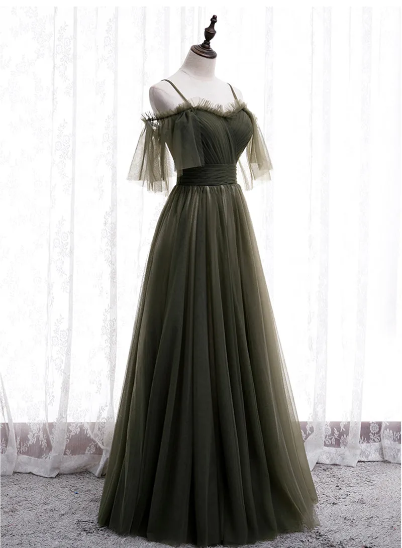 Green Tulle Long Prom Dress, A-Line Spaghetti Strap Evening Dress