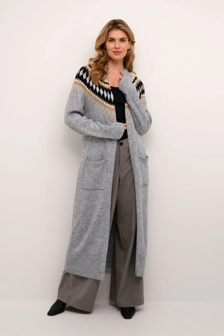 GREY AZTEC KNIT LONG CARDIGAN