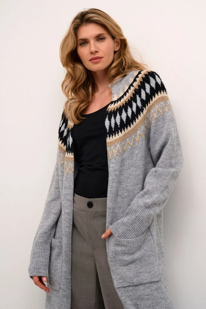 GREY AZTEC KNIT LONG CARDIGAN