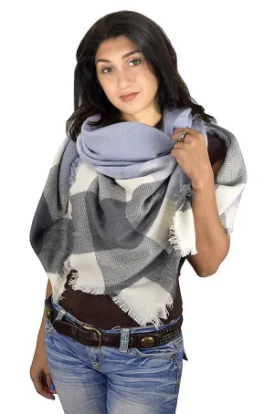 Grey Baby Blue Multicolor Tartan Plaid Oversized Blanket Scarf Shawl Wrap Poncho