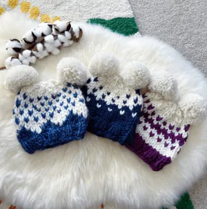 Hand knit FairIsle pompom hat | Handknit Baby beanie |Chunky Bear Double Pom Pom Hat | Knit winter hat | 6 - 12 months baby