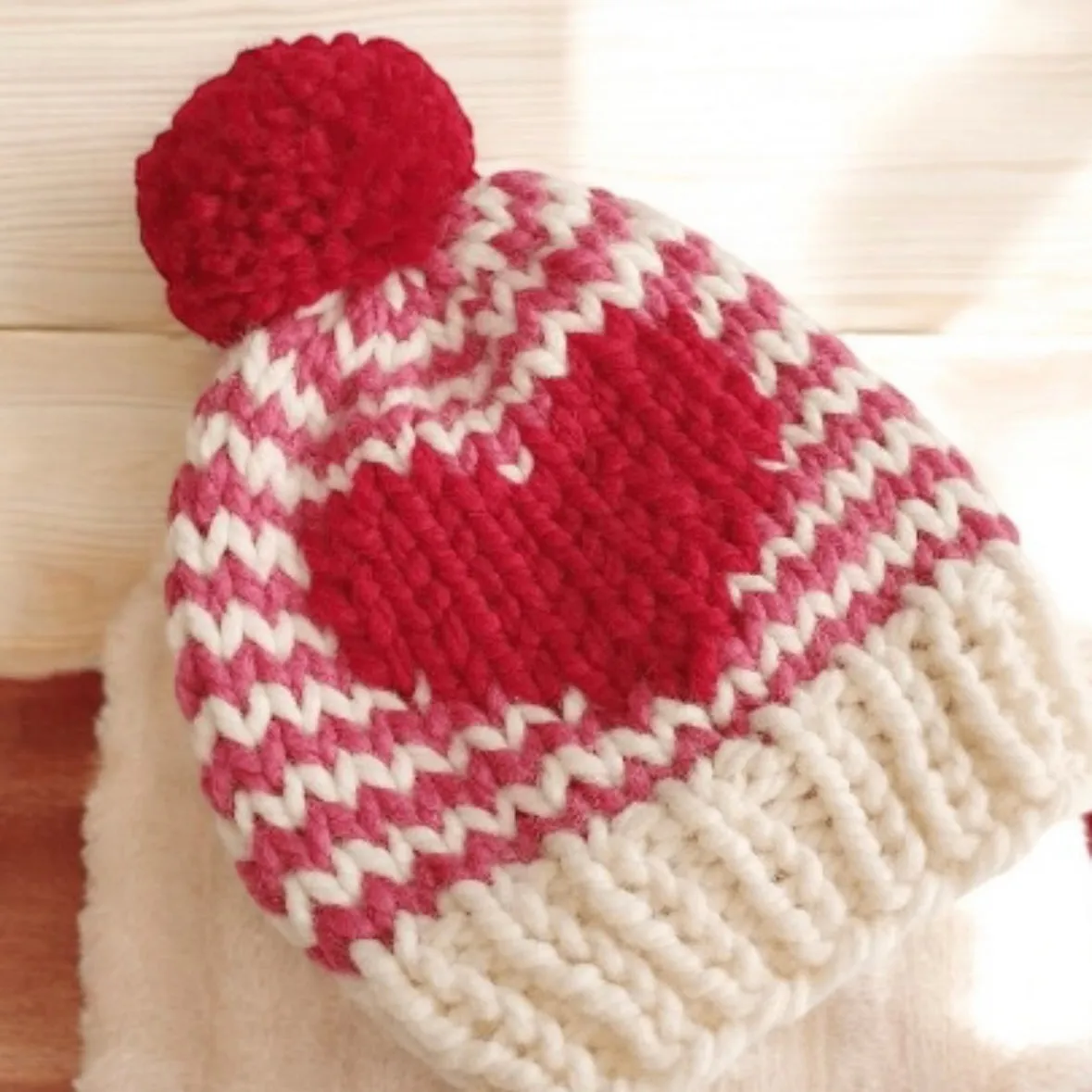 Hand knit Raspberry Love Heart and stripes pompom hat | Baby Toddler beanie |Chunky Pom Pom Hat | Knit winter hat | Baby gift