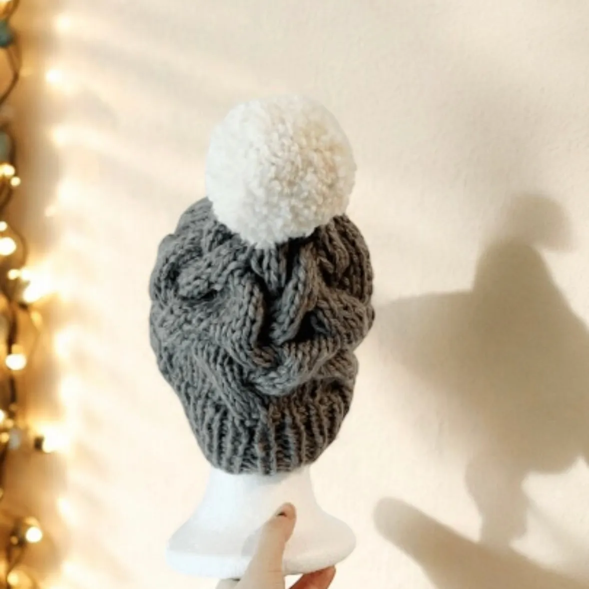 Handknit Cable Beanie | Knit Beret | Slouchy Hat in dark grey | Knit beanie in charcoal | Fluffy cozy fur pom pom winter hat