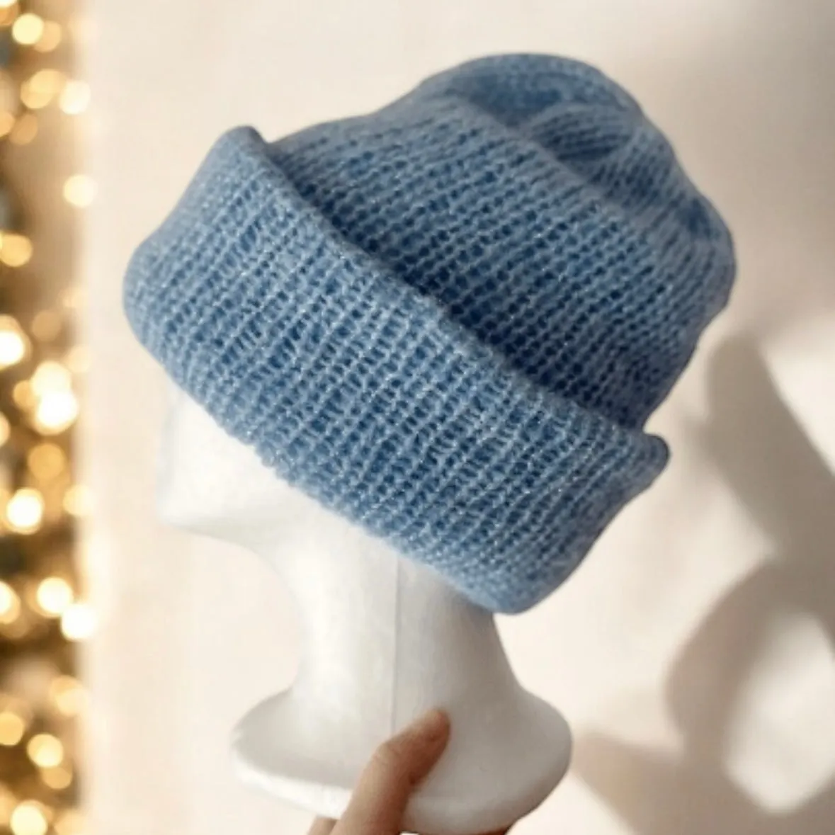 Handmade Double layered knit Beanie | Knit Beret | Slouchy Hat in ice blue glitter | Knit beanie in blue mix | Fluffy and cozy winter hat