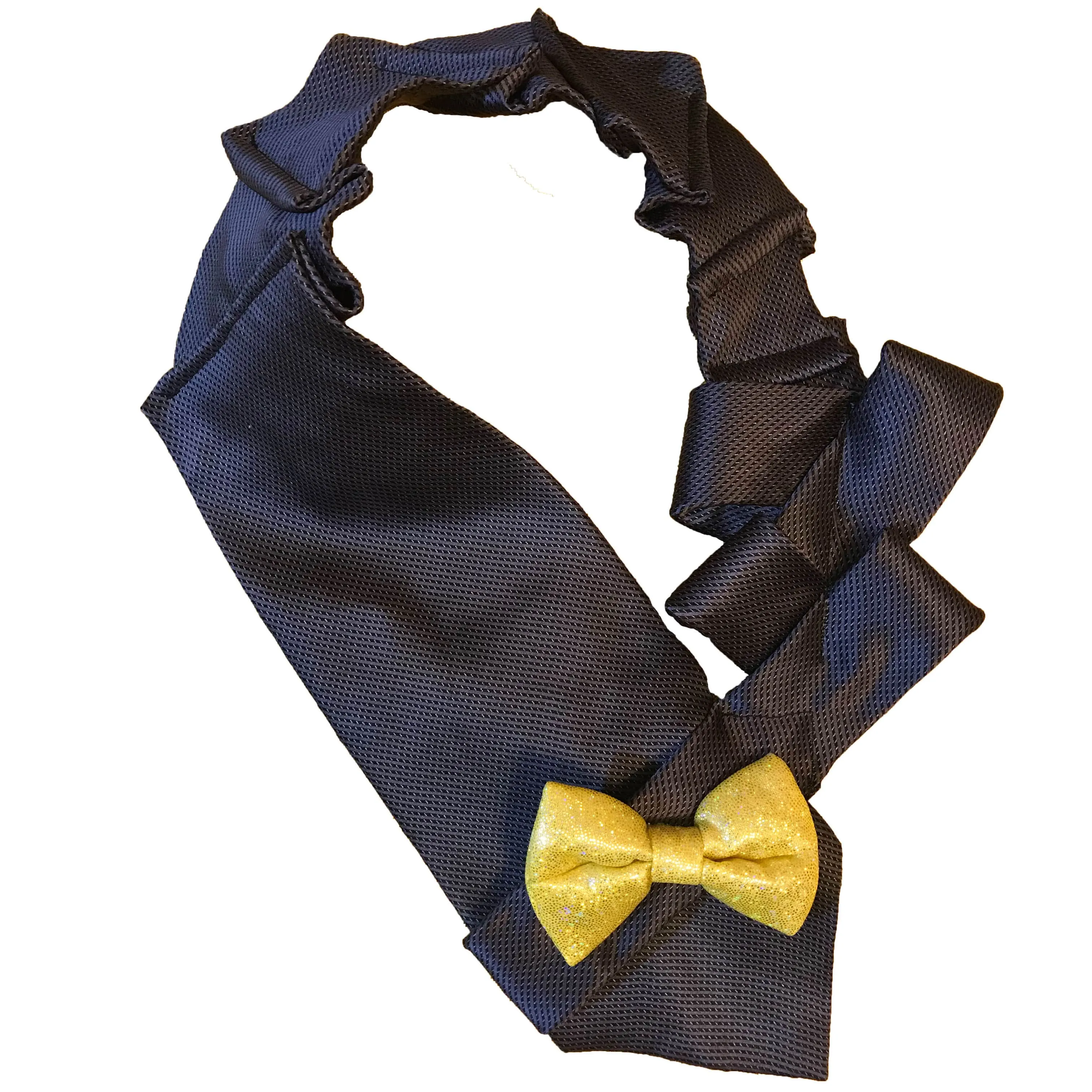 Handmade Women's Blue Silk Necktie - Yellow Bow Accent, Upcycled