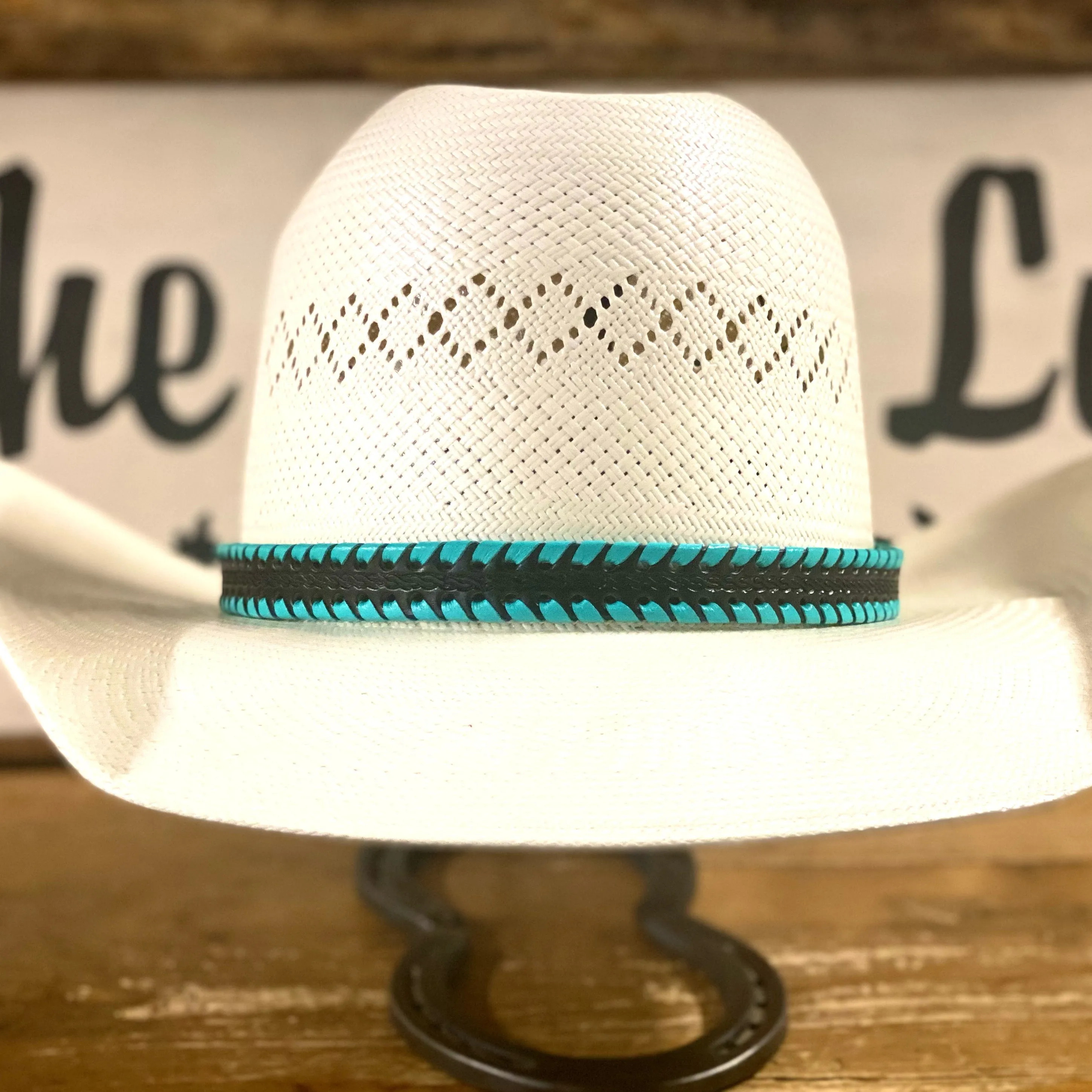 Hatband HB76-5 | 3/4" Black Leather w/ Turquoise Whipstitch