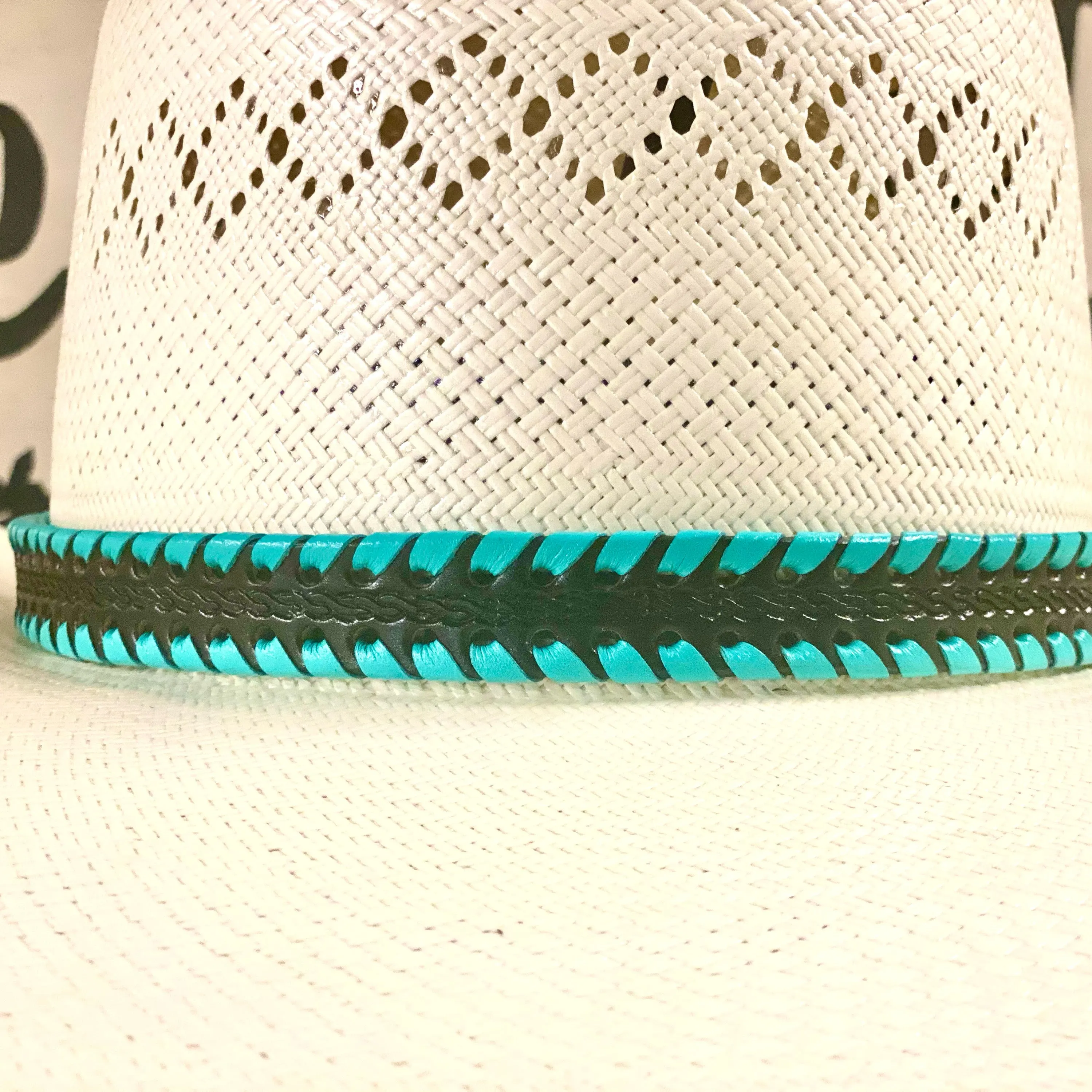 Hatband HB76-5 | 3/4" Black Leather w/ Turquoise Whipstitch