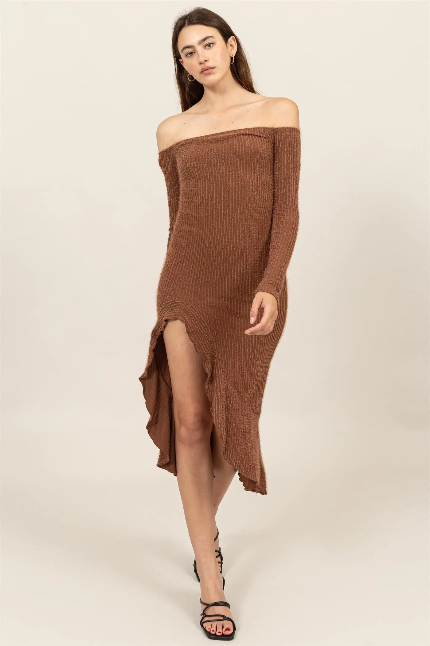 HF24F940-FUZZY KNIT ASYMMETRICAL HEM DRESS