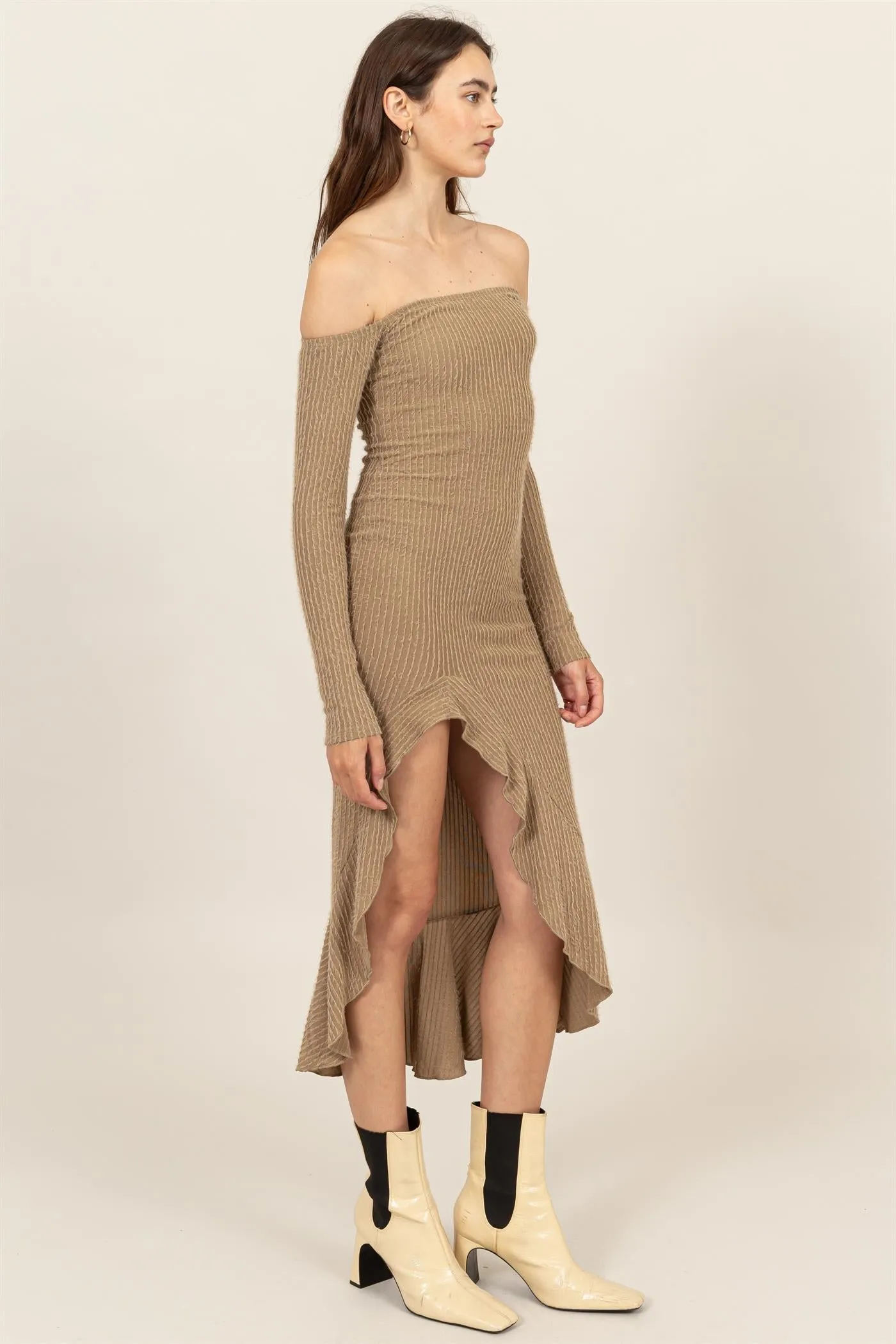 HF24F940-FUZZY KNIT ASYMMETRICAL HEM DRESS