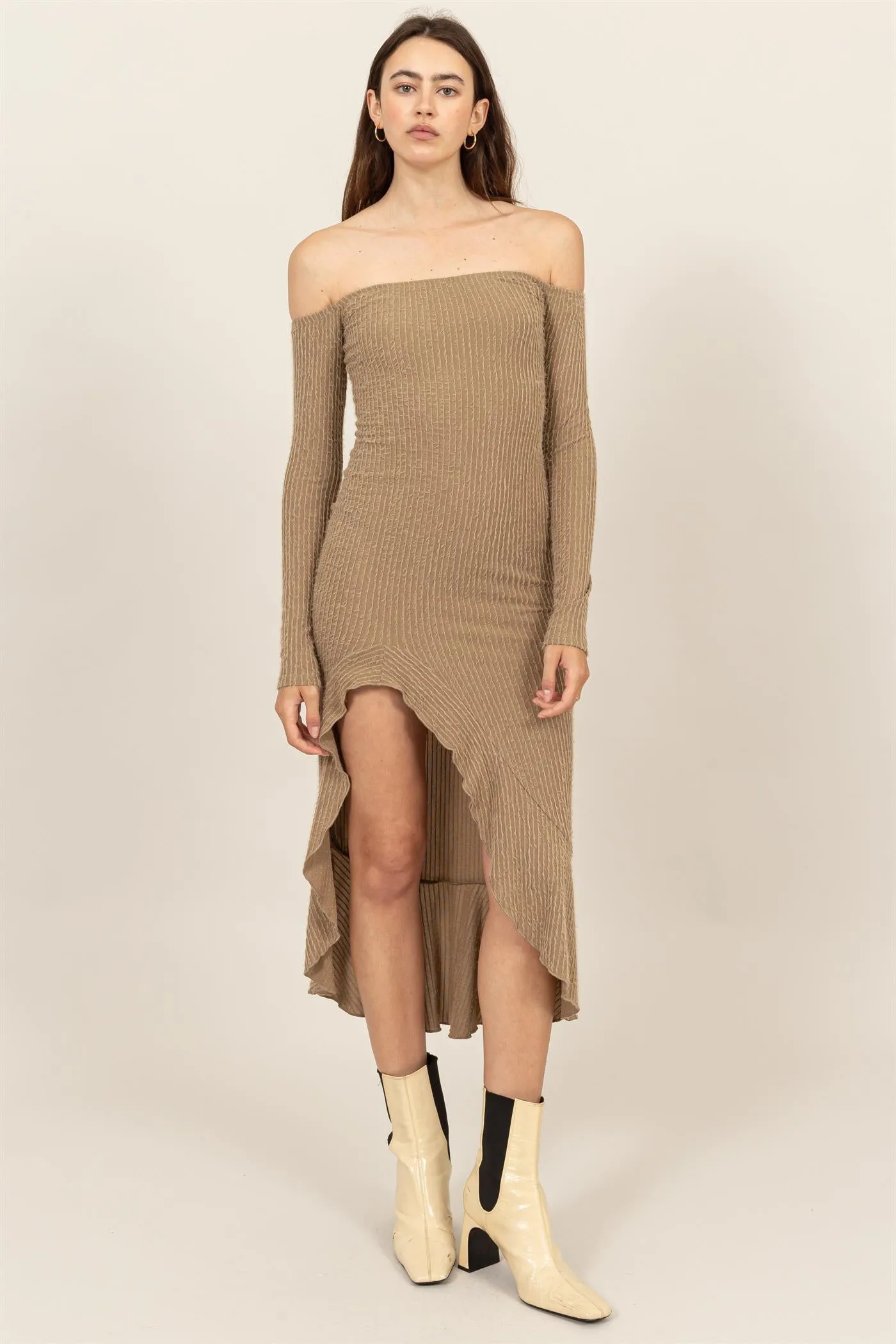 HF24F940-FUZZY KNIT ASYMMETRICAL HEM DRESS