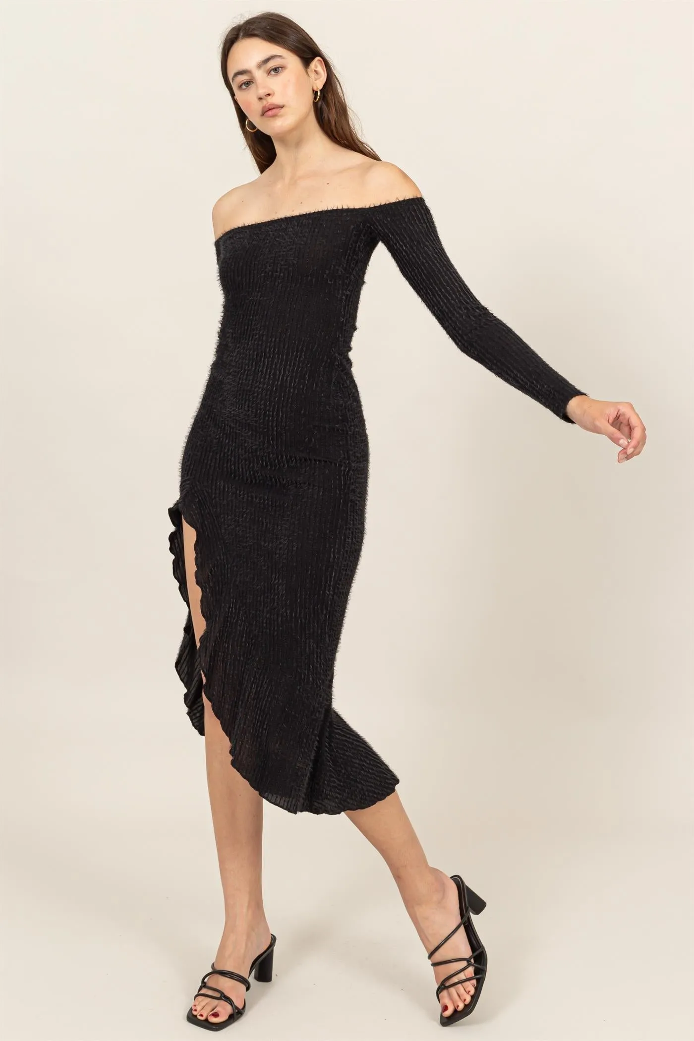 HF24F940-FUZZY KNIT ASYMMETRICAL HEM DRESS