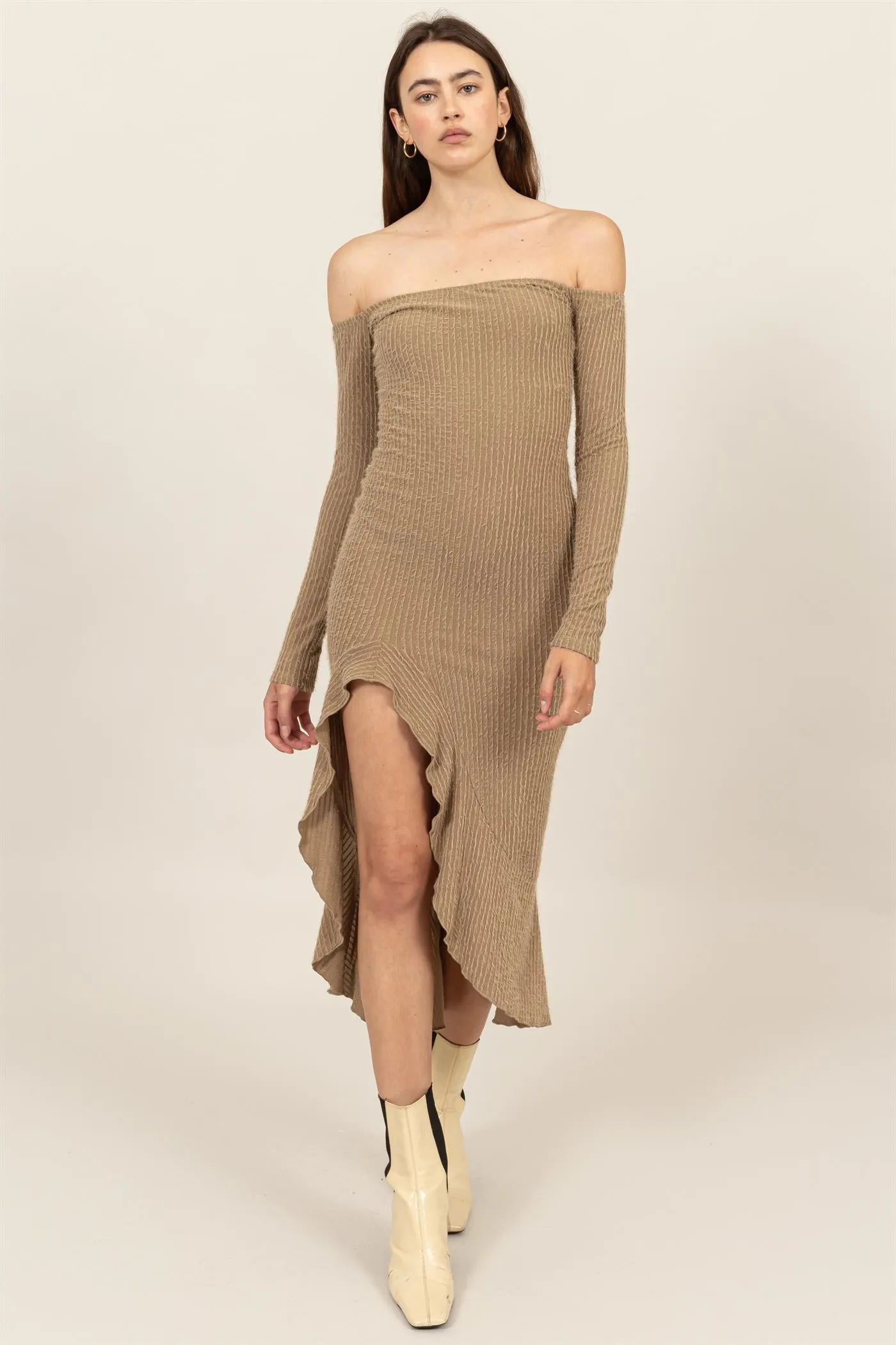 HF24F940-FUZZY KNIT ASYMMETRICAL HEM DRESS