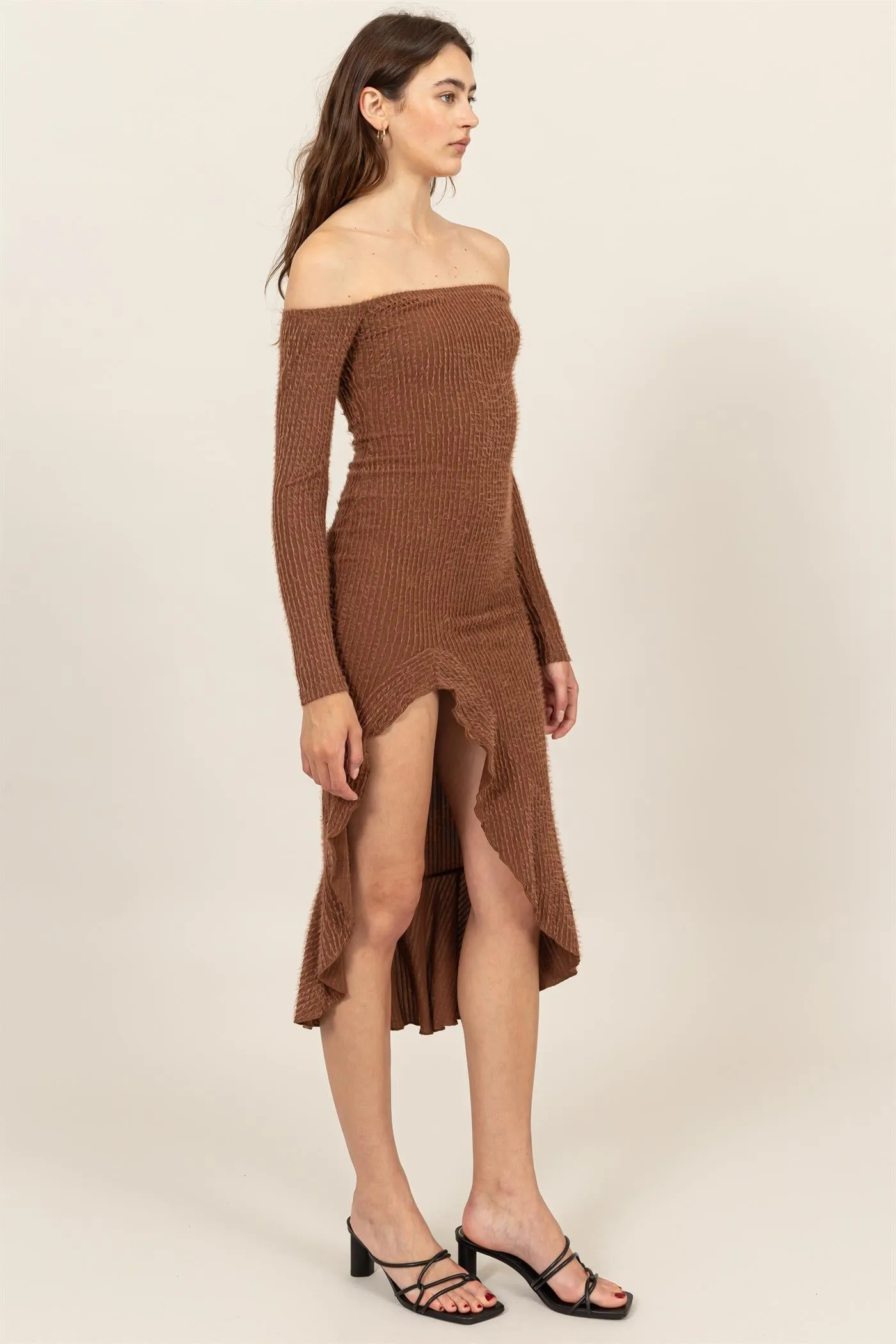 HF24F940-FUZZY KNIT ASYMMETRICAL HEM DRESS