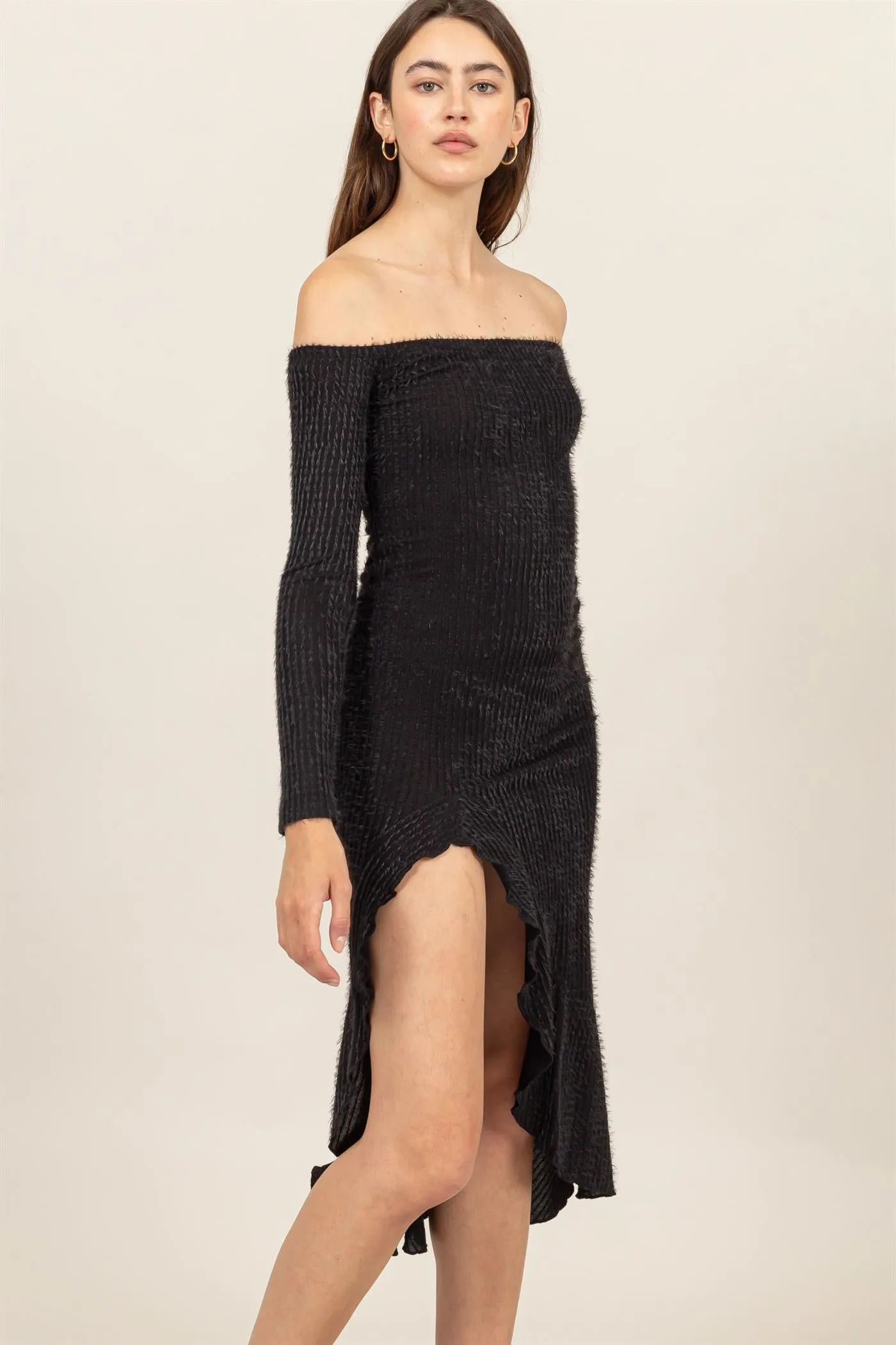 HF24F940-FUZZY KNIT ASYMMETRICAL HEM DRESS