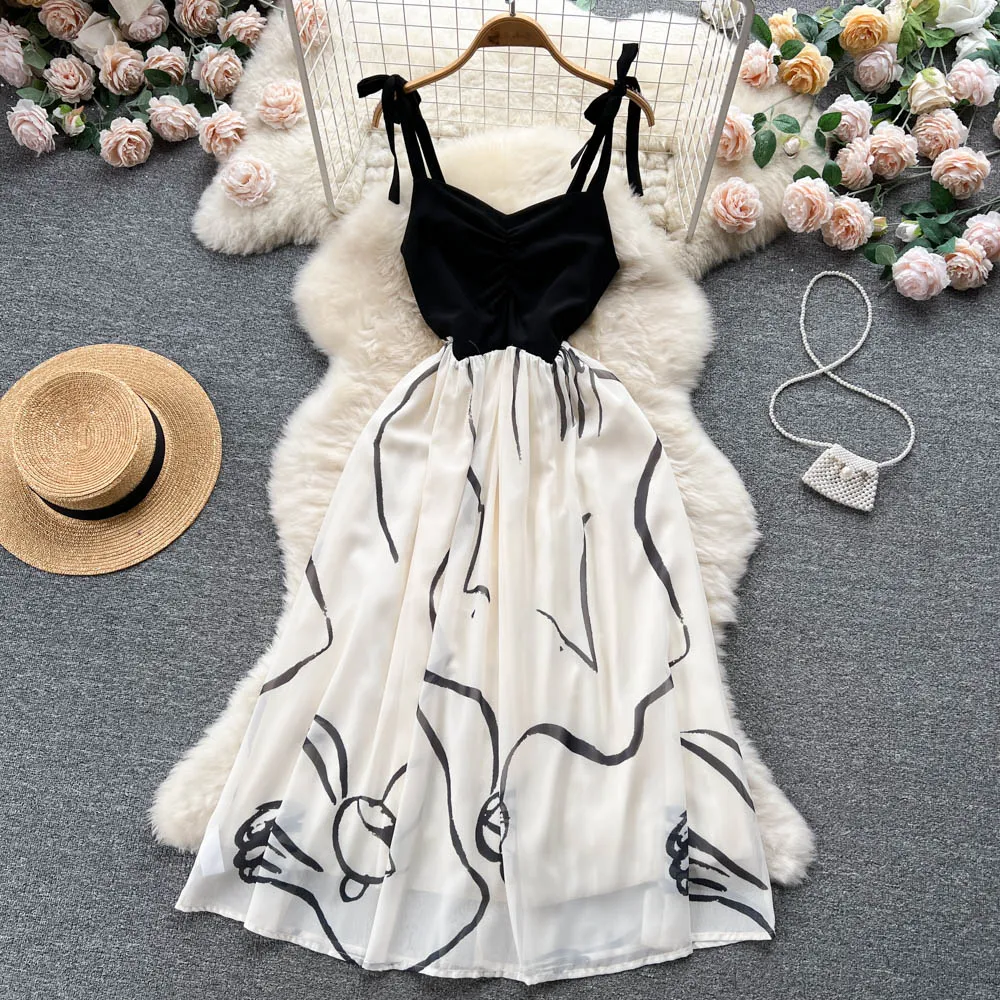 High-quality Black&White Colour-blocking Slip Dress