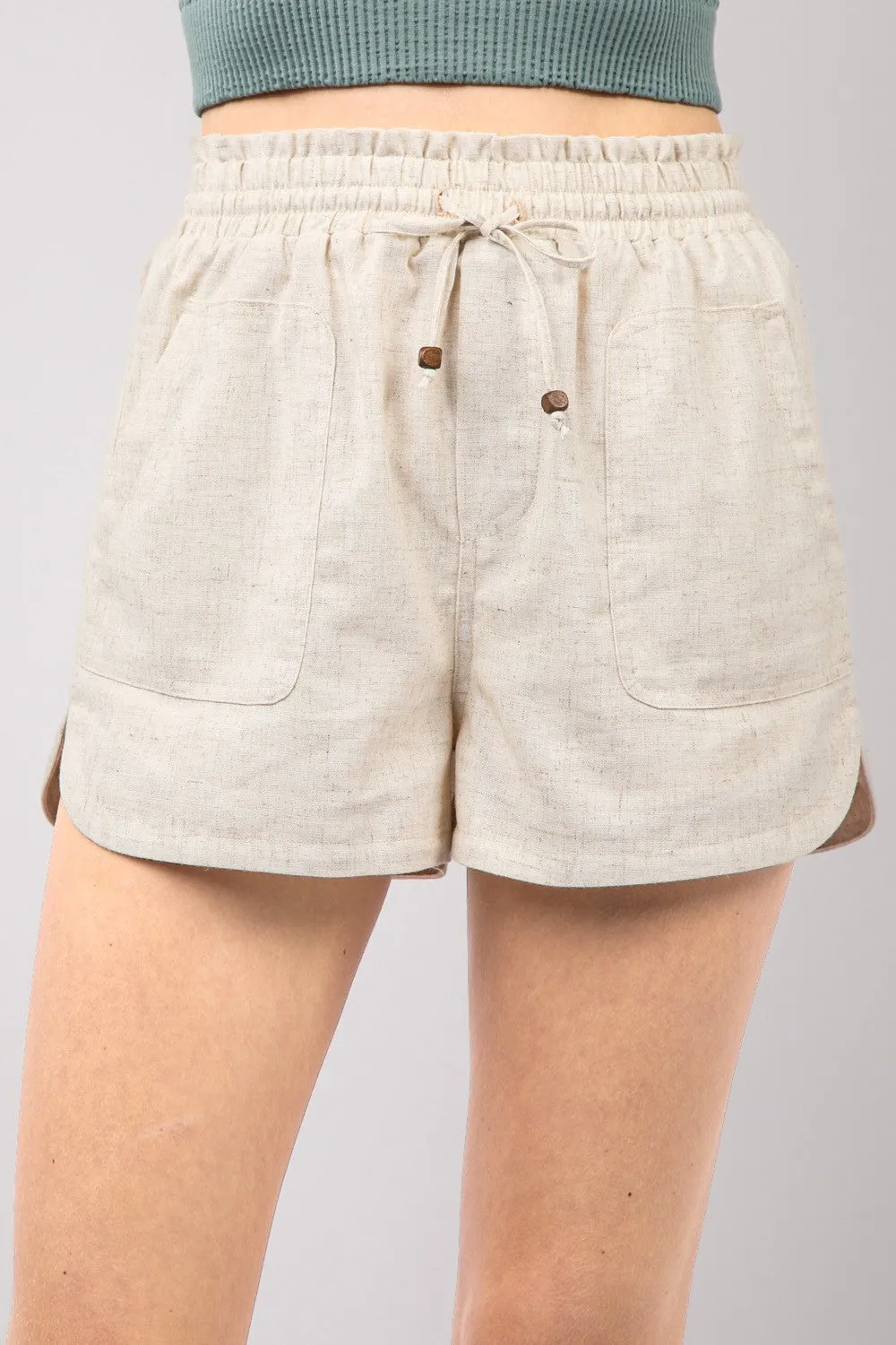 Hot Girl Drawstring Elastic Waist Linen Shorts In Oatmeal