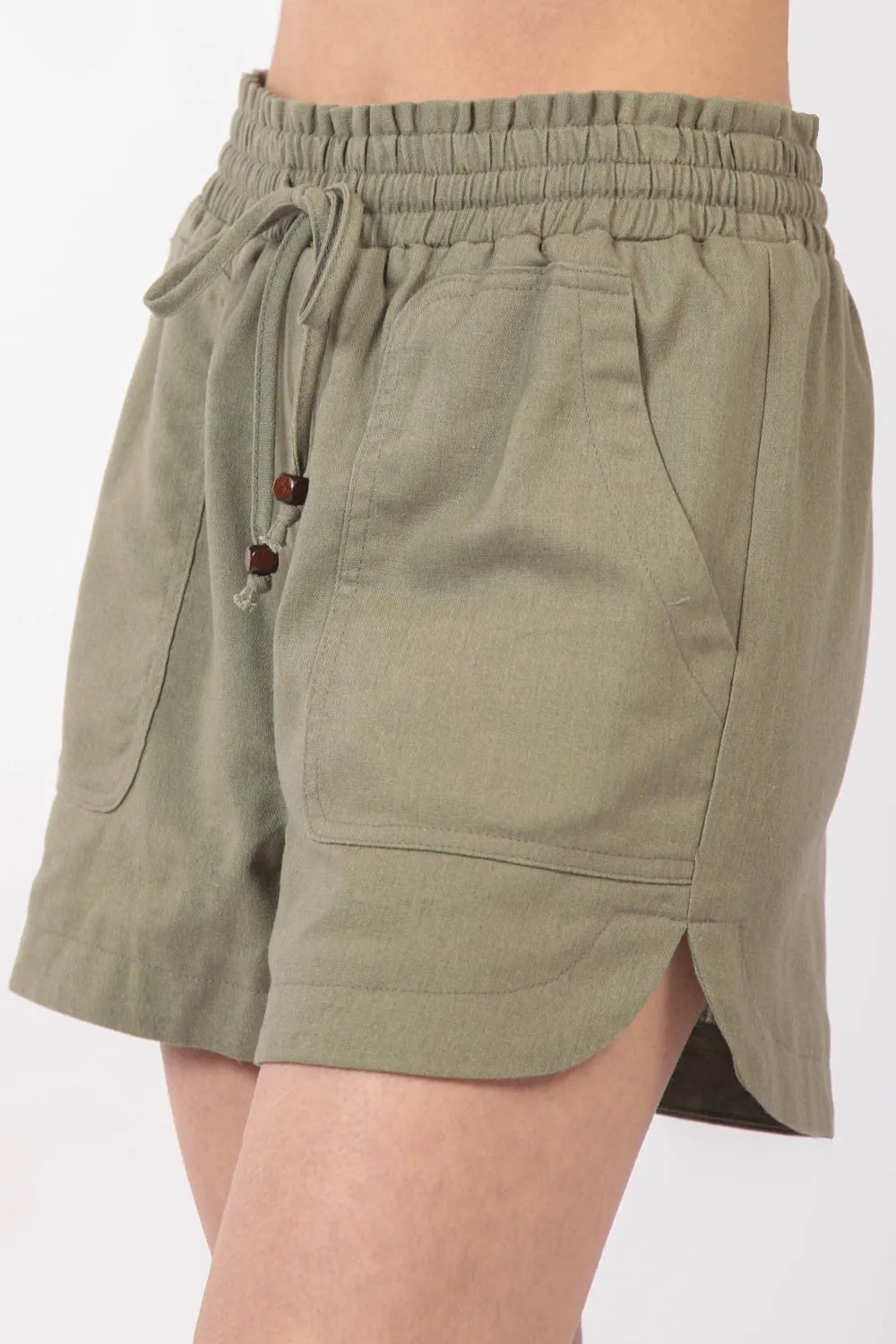 Hot Girl Drawstring Elastic Waist Linen Shorts In Olive