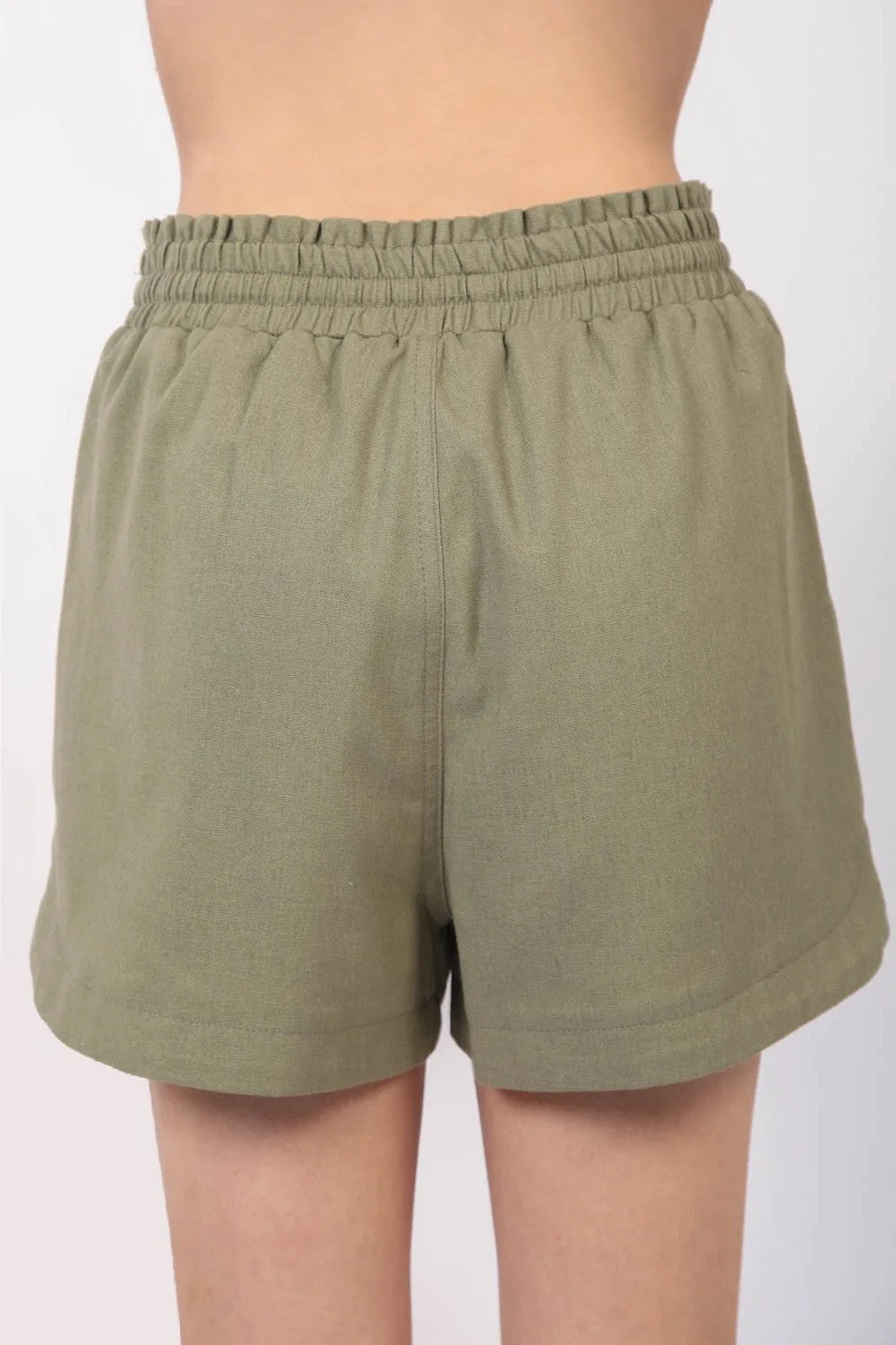 Hot Girl Drawstring Elastic Waist Linen Shorts In Olive