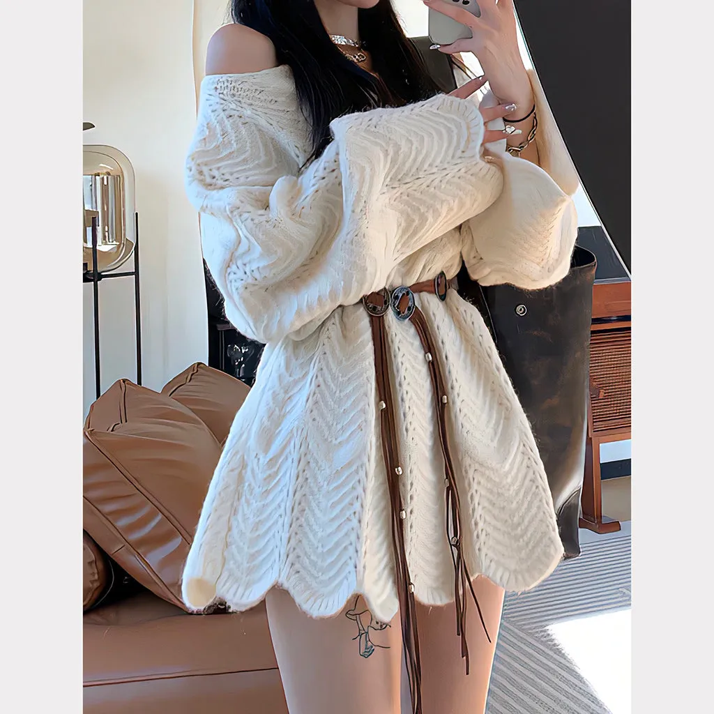 Irregular Lace Hollow Knitted Off-Shoulder Sweater Dress