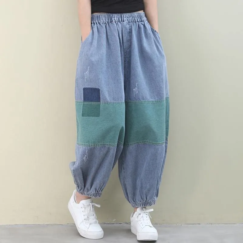 Italian women pants denim blue pattern elastic waist patchwork green trousers