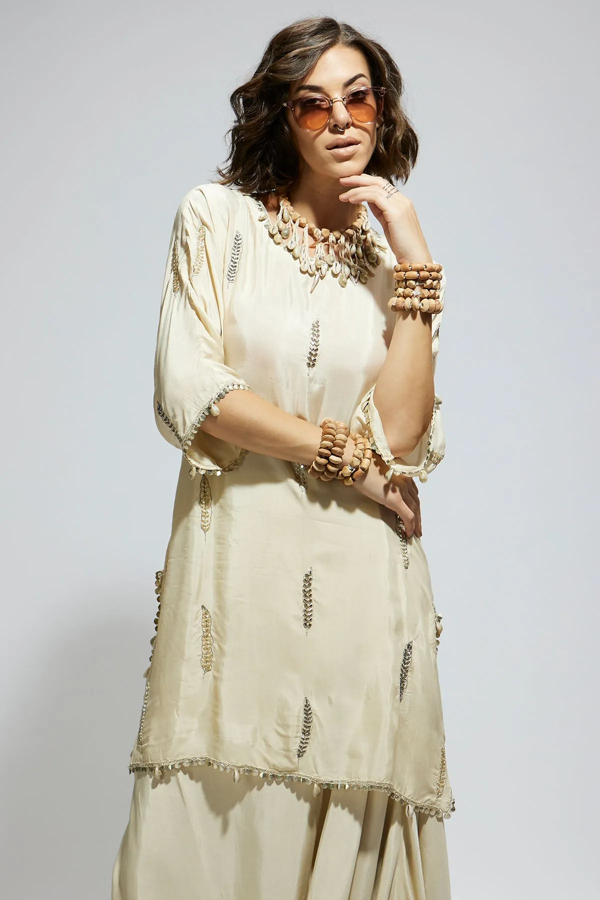 Ivory Embellished Tunic with Drape Skirt