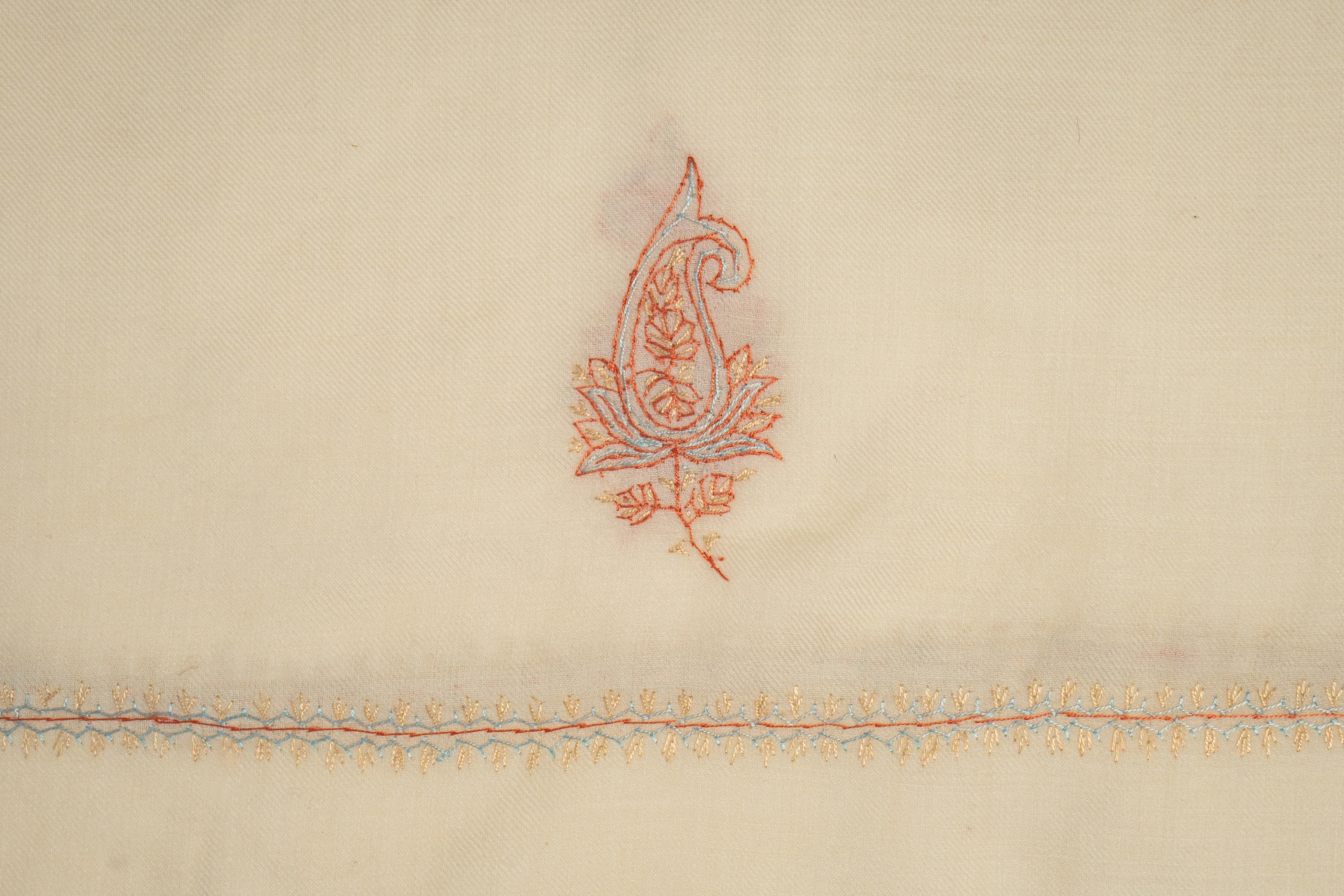 Ivory Serenity: Sozni Hand Embroidered Merino Wool Scarf