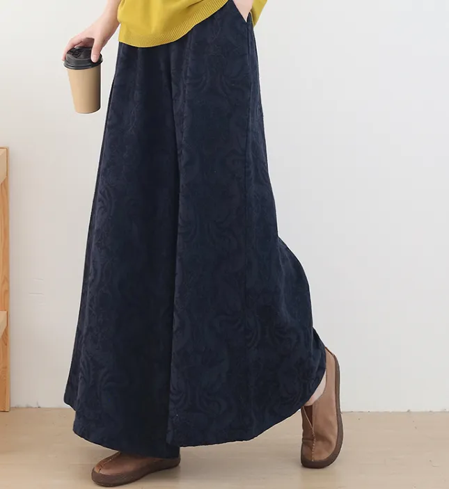 Jacquard Cotton Linen Autum Wide Leg Women Casual Pants Elastic Waist WG05131