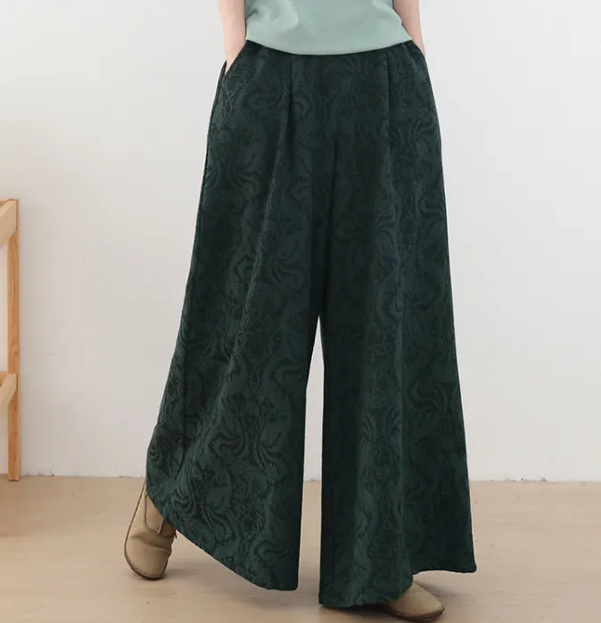 Jacquard Cotton Linen Autum Wide Leg Women Casual Pants Elastic Waist WG05131