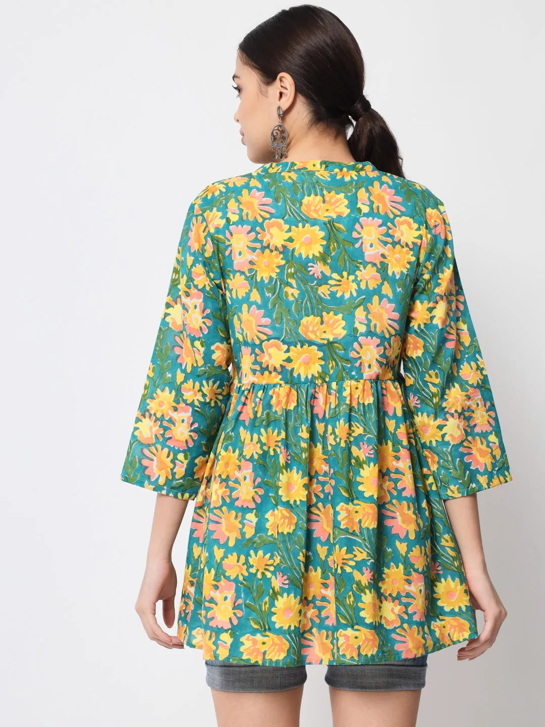 Jaipurite Green Floral Printed Tunic in Cotton