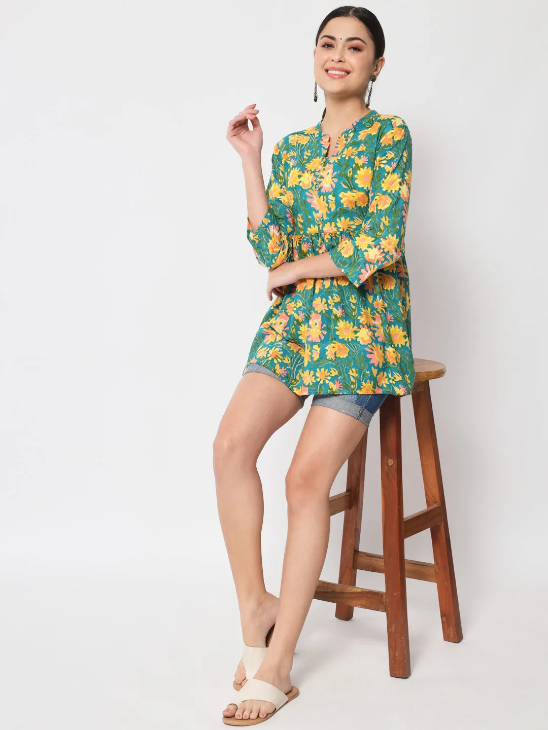 Jaipurite Green Floral Printed Tunic in Cotton